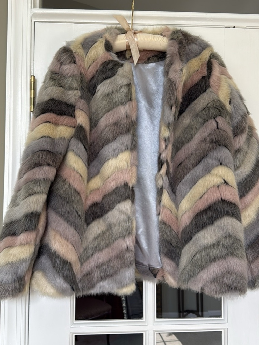 Lost + Wander Pastel Chevron Teddy Jacket in Pink, Gray & Cream